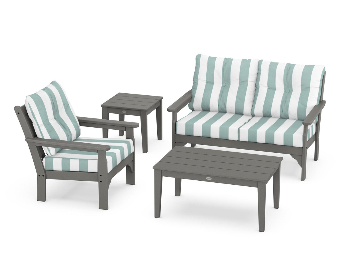 POLYWOOD Vineyard 4-Piece Deep Seating Set with 36" Coffee Table in Slate Grey / Cabana Stripe Glacier Spa