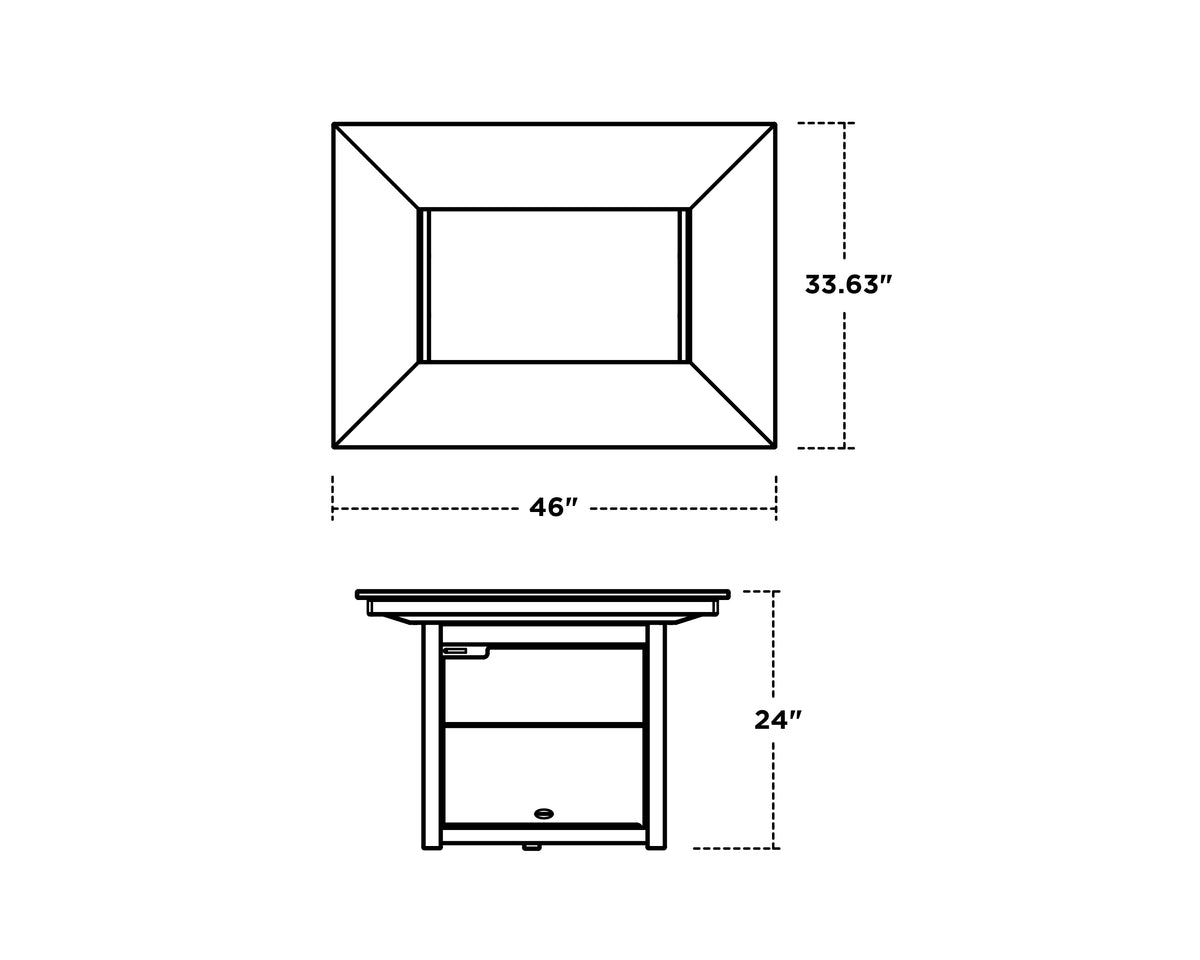 POLYWOOD Rectangle 34"x46" Fire Pit Table dimension drawing with width, depth and height measurements