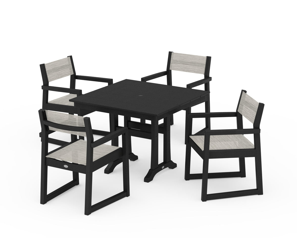 POLYWOOD EDGE Sling 5-Piece Farmhouse Dining Set with Trestle Legs in Black / Birch