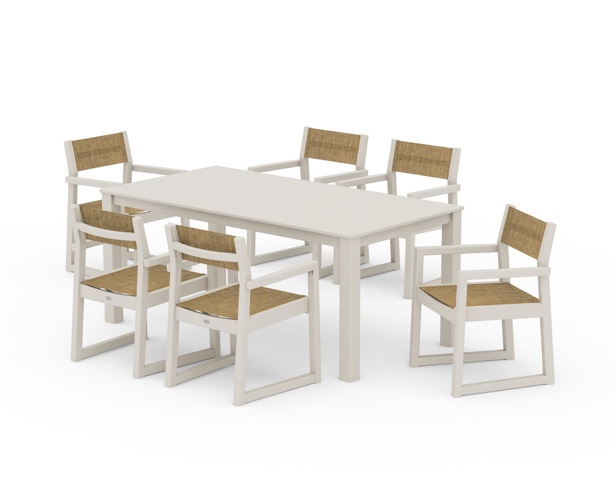 POLYWOOD EDGE Sling Arm Chair 7-Piece Parsons Dining Set in Sand / Burlap