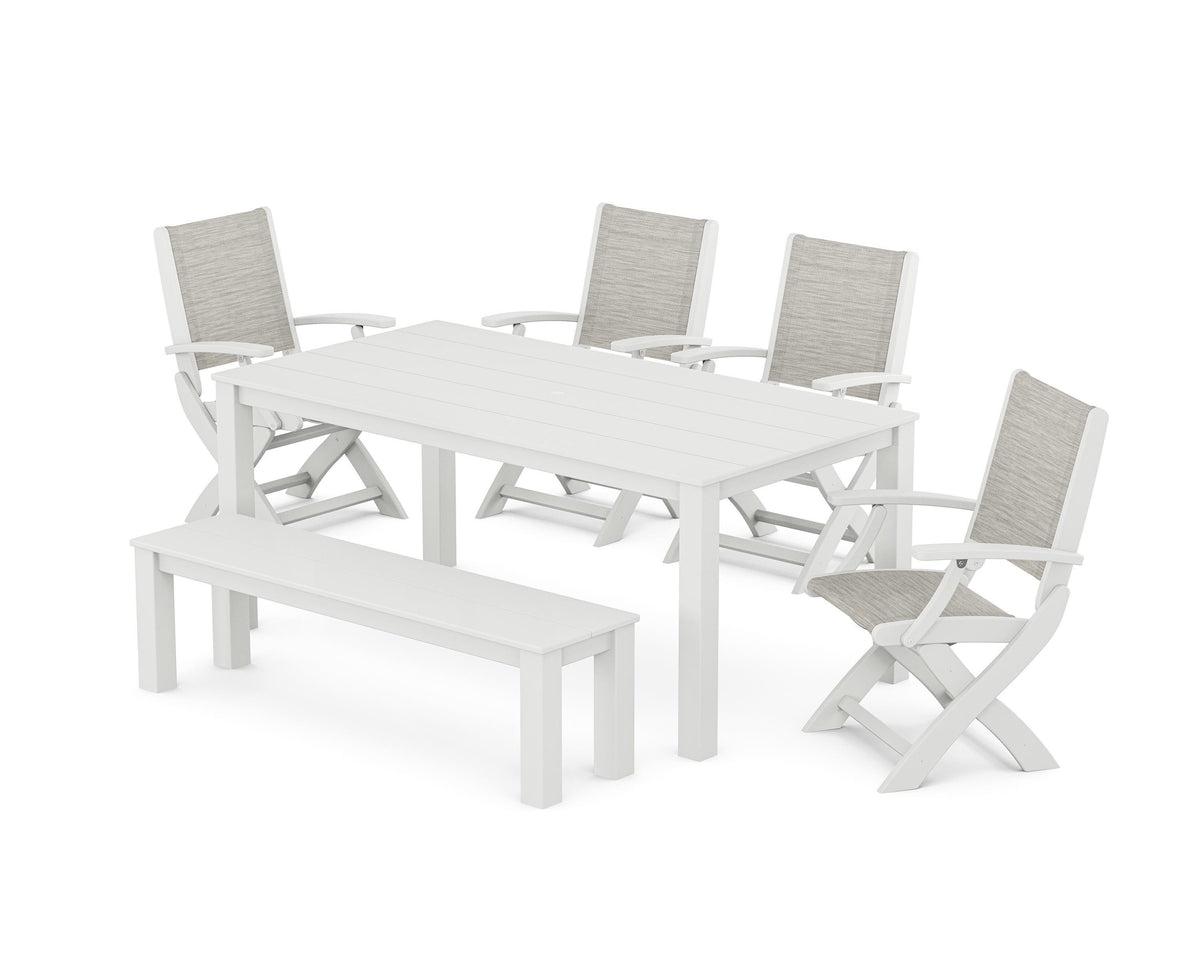 POLYWOOD Coastal Folding Chair 6-Piece Parsons Dining Set with Bench in White / Birch