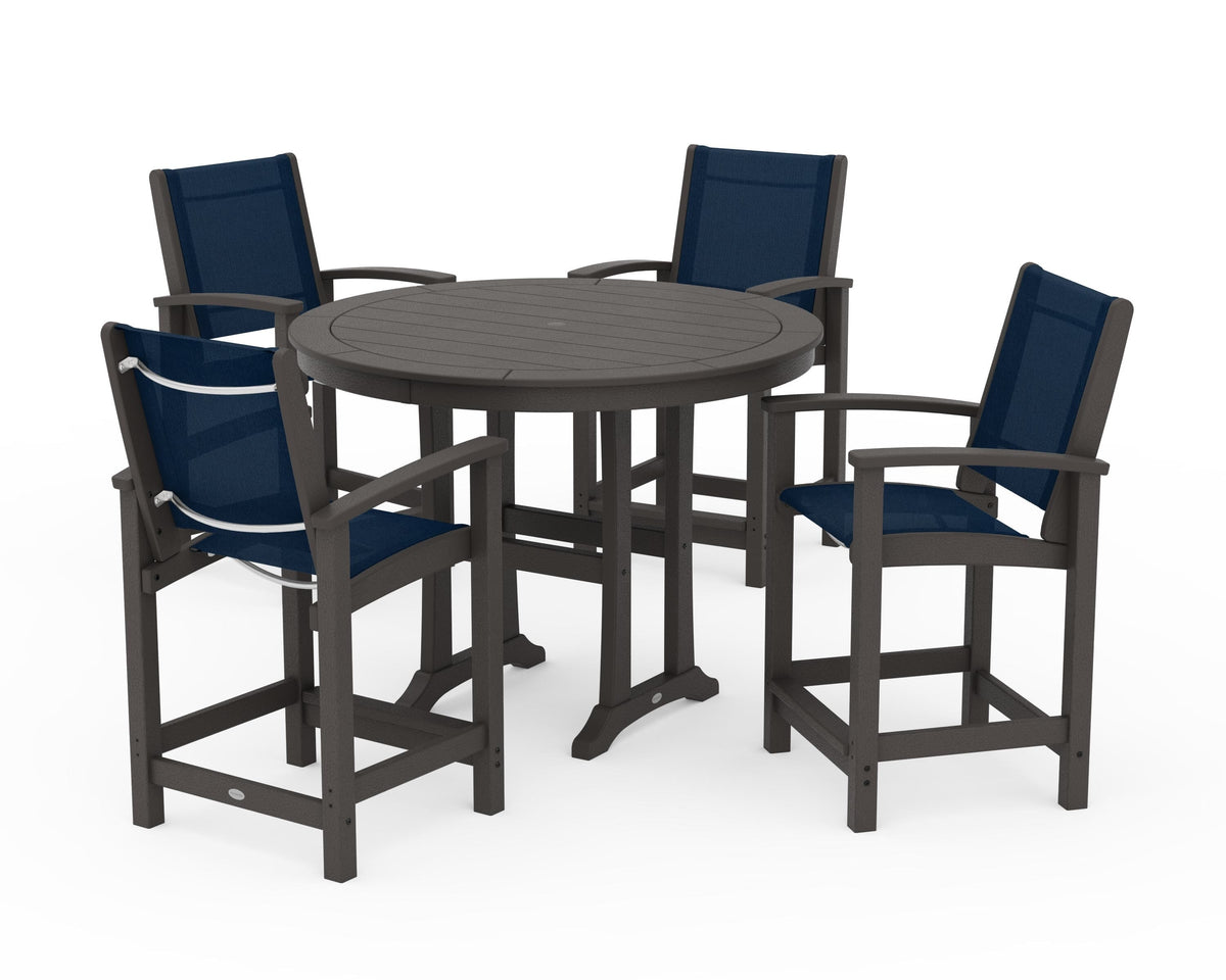POLYWOOD Coastal 5-Piece Counter Set in Vintage Coffee / Navy Blue