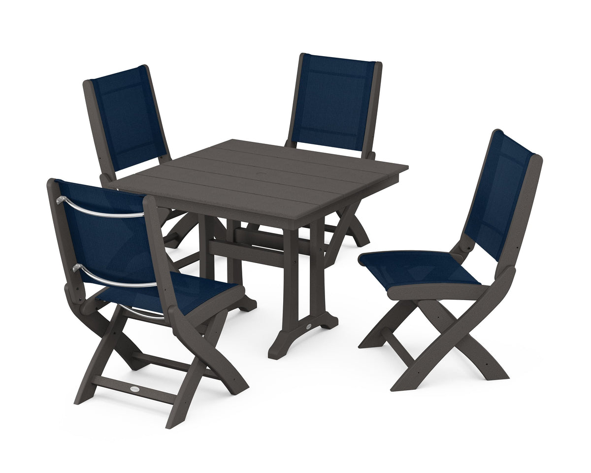 POLYWOOD Coastal Folding Side Chair 5-Piece Farmhouse Dining Set With Trestle Legs in Vintage Coffee / Navy Blue