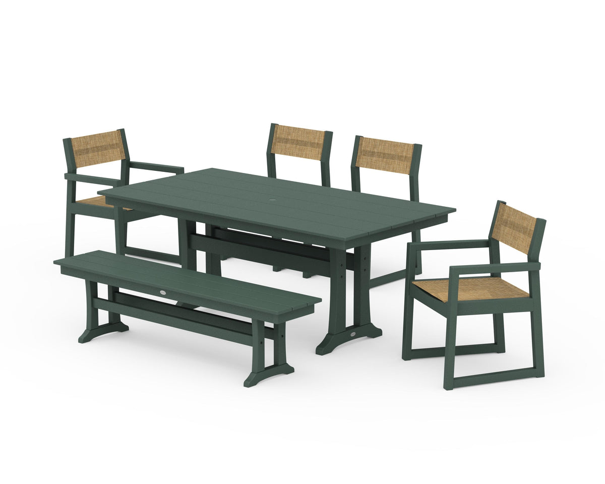 POLYWOOD EDGE Sling 6-Piece Farmhouse Dining Set With Trestle Legs in Green / Burlap