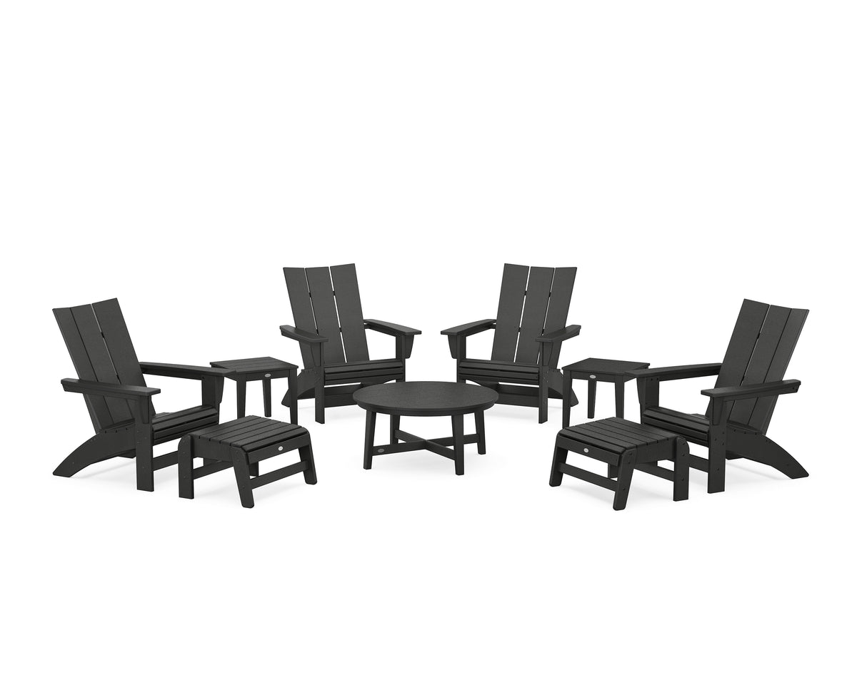POLYWOOD Modern Grand Adirondack 9-Piece Conversation Set in Black