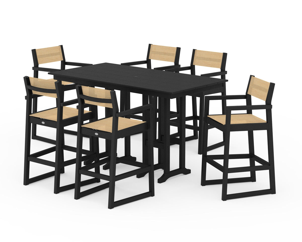 POLYWOOD EDGE Sling Arm Chair 7-Piece Farmhouse Bar Set in Black / Dupioni Apricot
