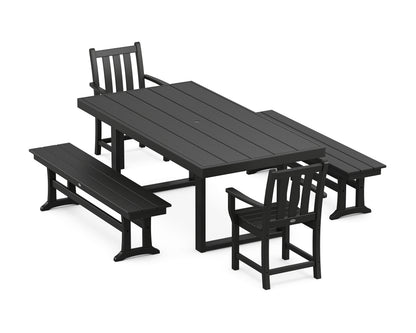 POLYWOOD Traditional Garden 5-Piece Dining Set with Benches - 39" x 78" Table in Black