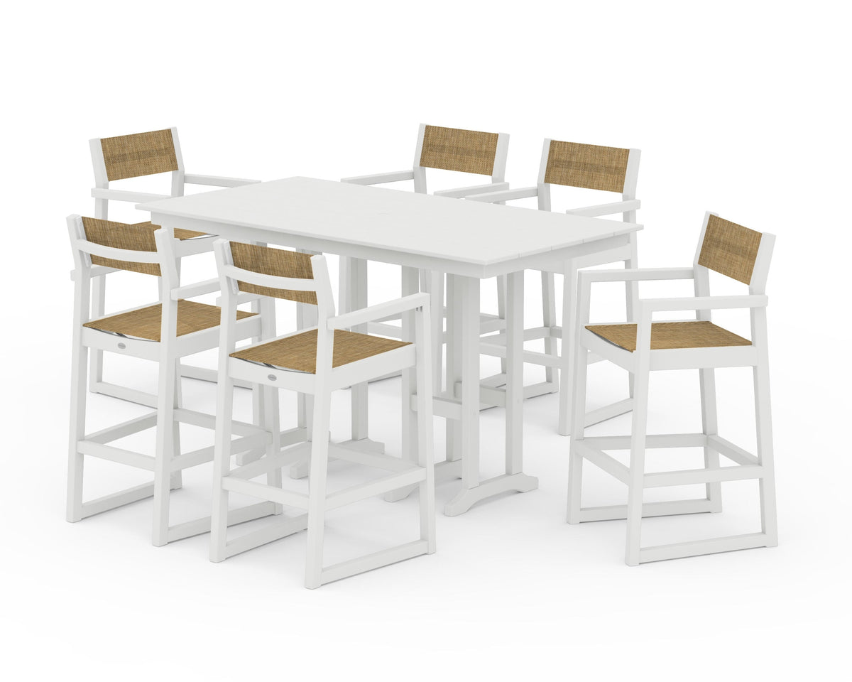 POLYWOOD EDGE Sling Arm Chair 7-Piece Farmhouse Bar Set in Vintage White / Burlap
