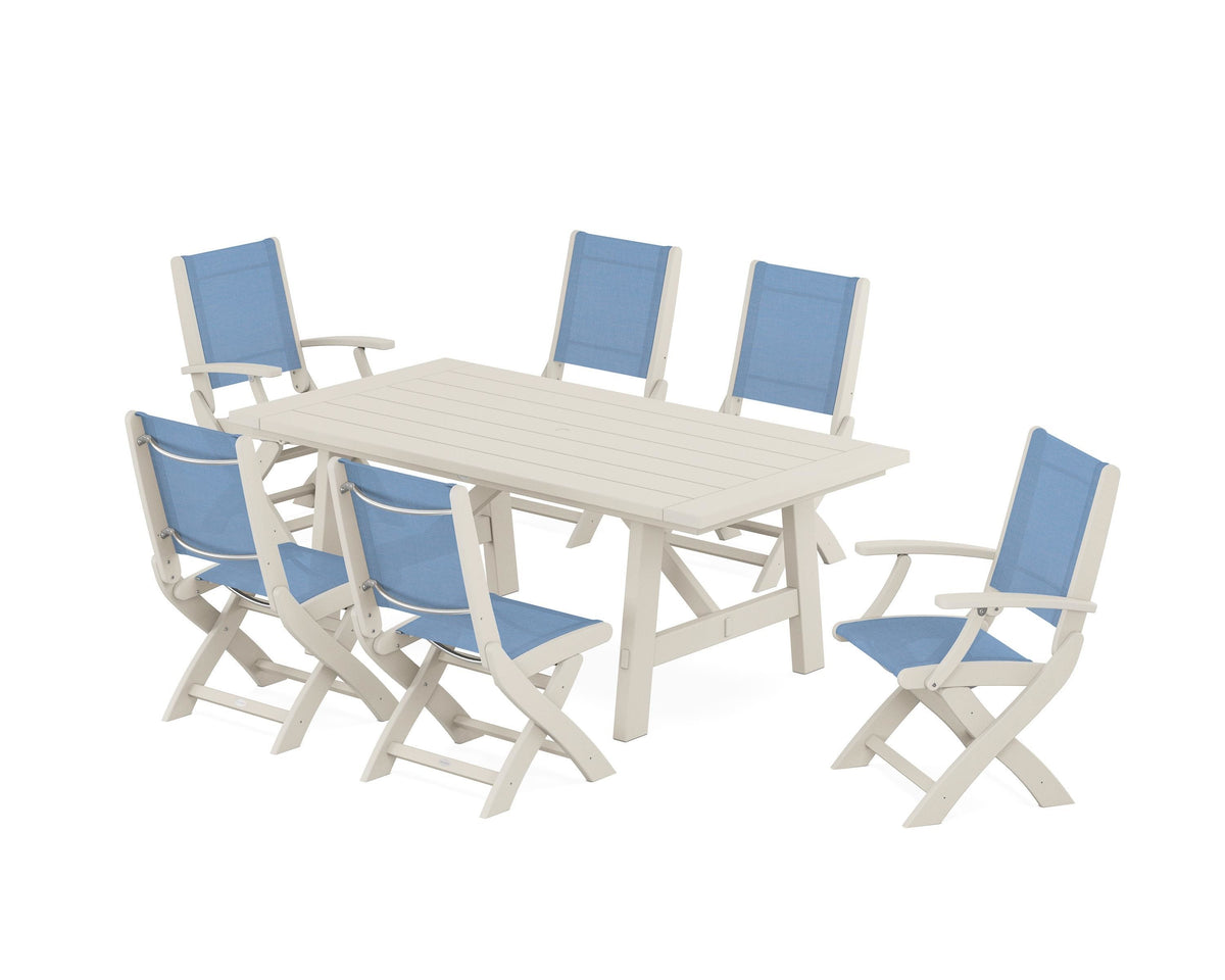 POLYWOOD Coastal Folding Chair 7-Piece Rustic Farmhouse Dining Set in Sand / Poolside
