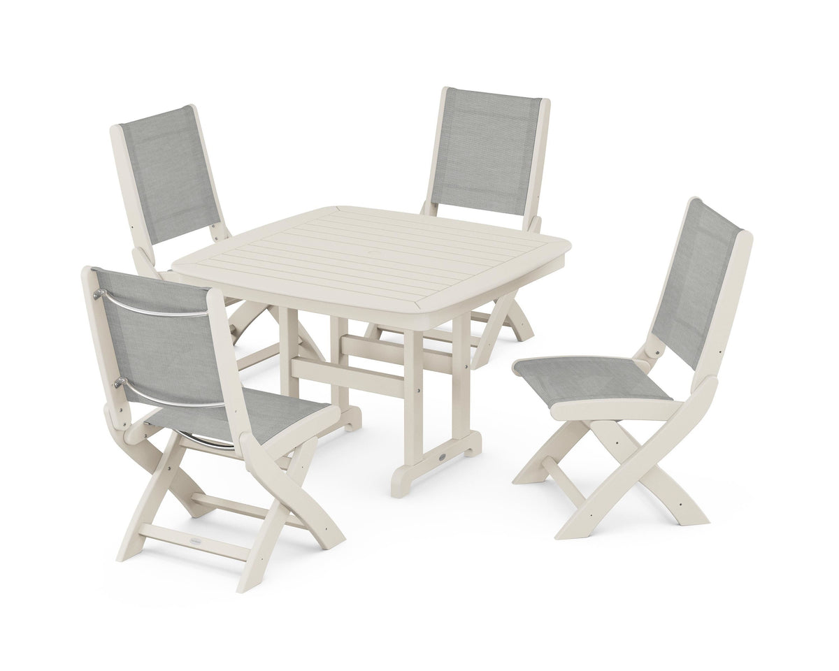 POLYWOOD Coastal Folding Side Chair 5-Piece Dining Set with Nautical 44" Dining Table in Sand / Metallic