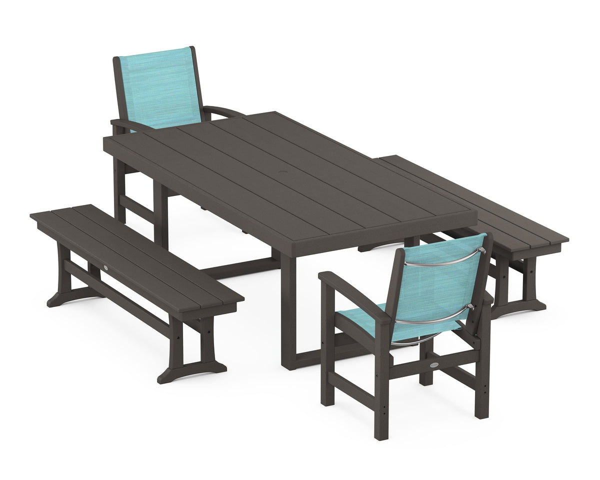 POLYWOOD Coastal 5-Piece Dining Set with Trestle Legs with EDGE 40" x 78" Dining Table in Vintage Coffee / Dupioni Aquamarine