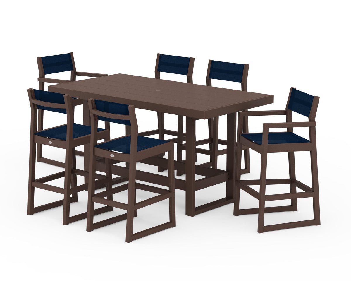 POLYWOOD EDGE Sling 7-Piece Bar Table Set in Mahogany / Navy Blue