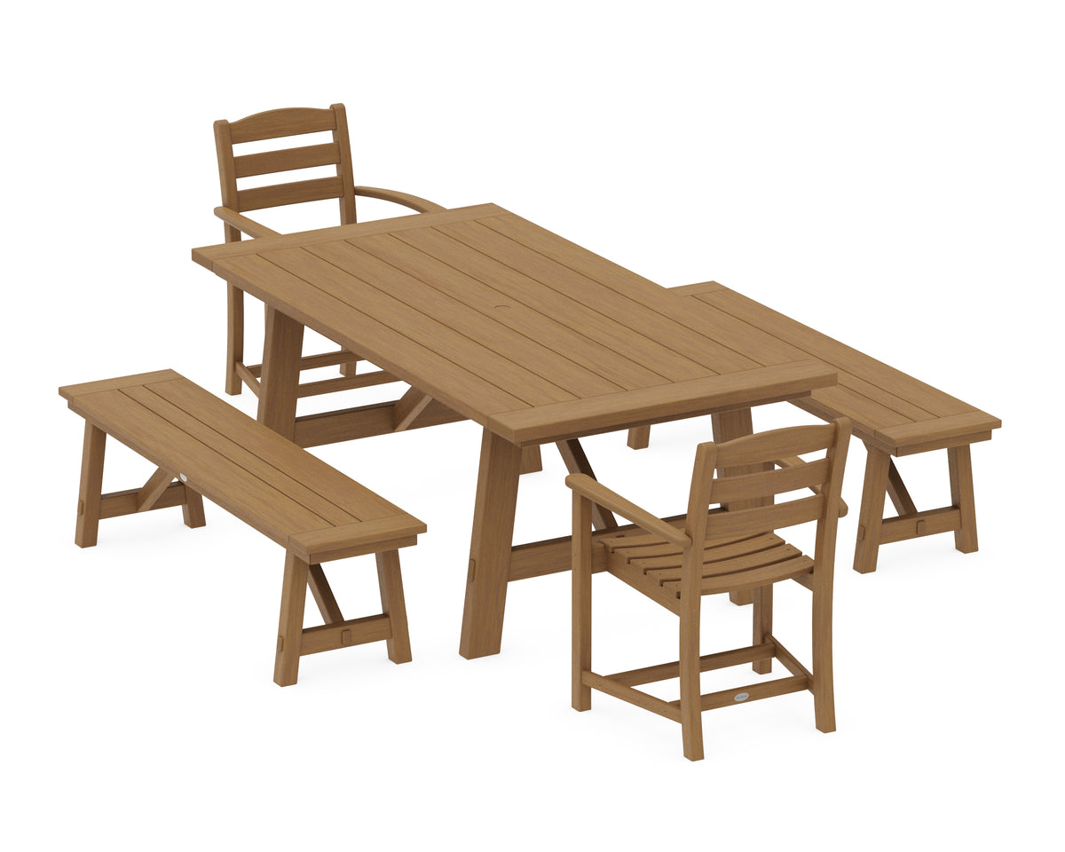 POLYWOOD La Casa Café 5-Piece Rustic Farmhouse Dining Set with Benches in Natural