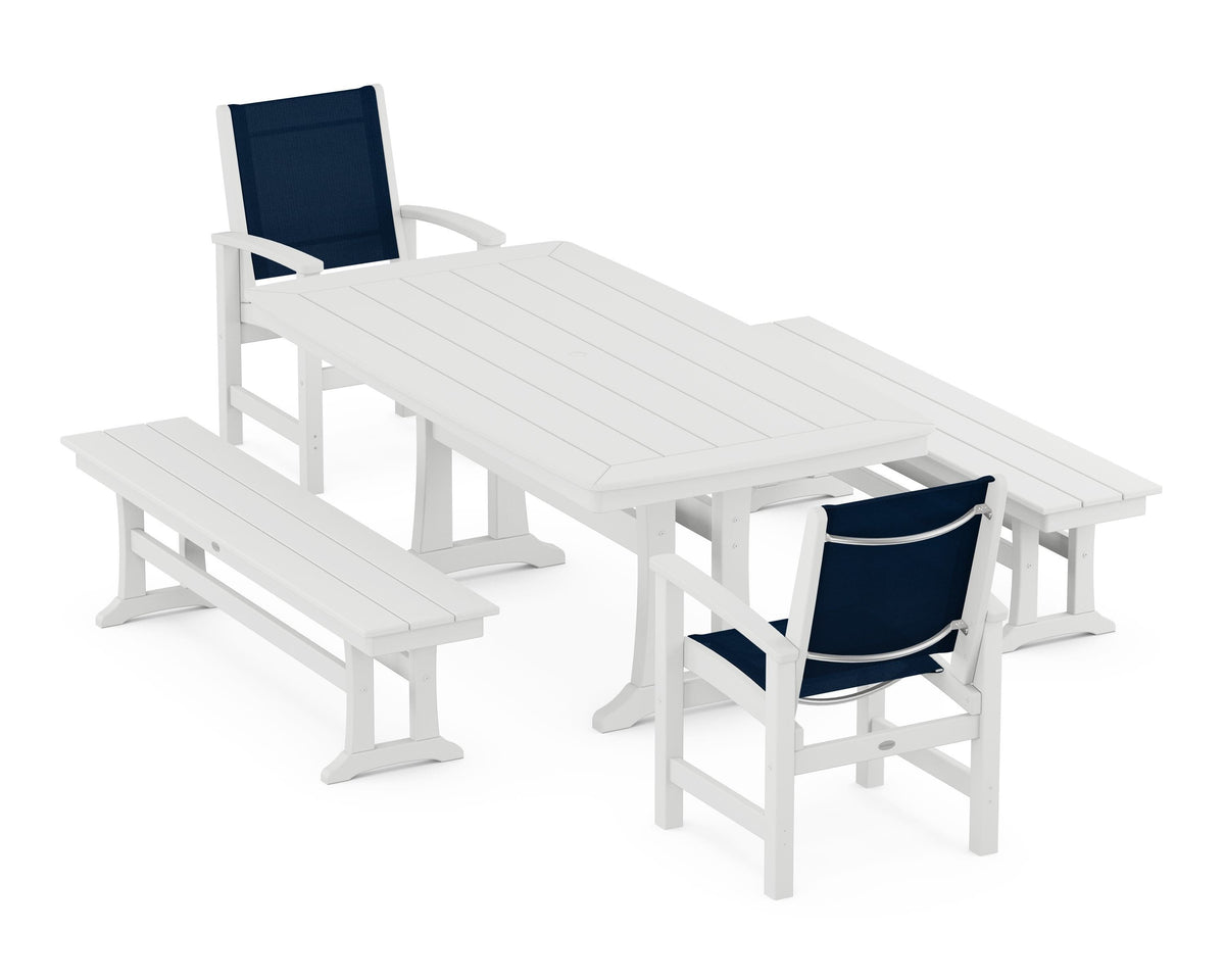 POLYWOOD Coastal 5-Piece Dining Set with Trestle Legs and Benches in White / Navy Blue