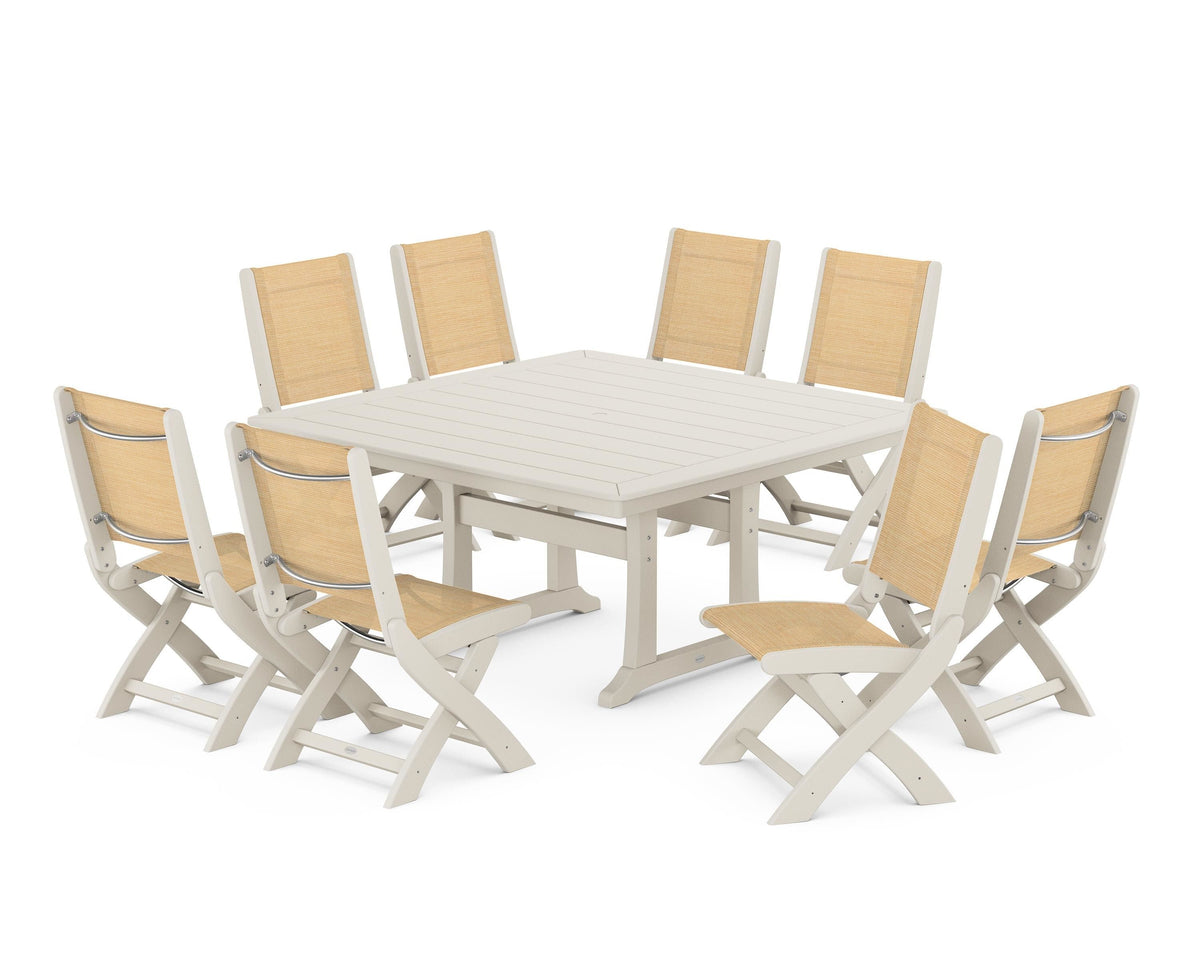POLYWOOD Coastal Folding Side Chair 9-Piece Dining Set with Trestle Legs in Sand / Dupioni Apricot