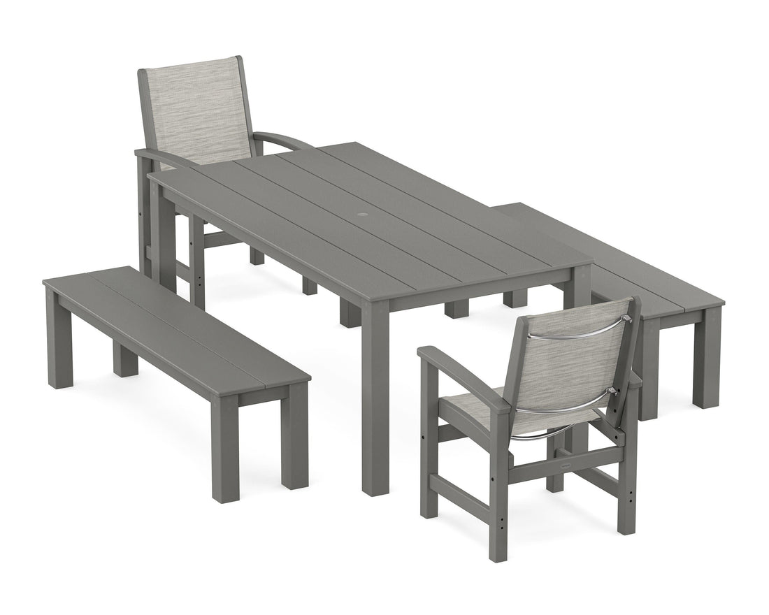 POLYWOOD Coastal 5-Piece Parsons Dining Set with Benches in Slate Grey / Birch