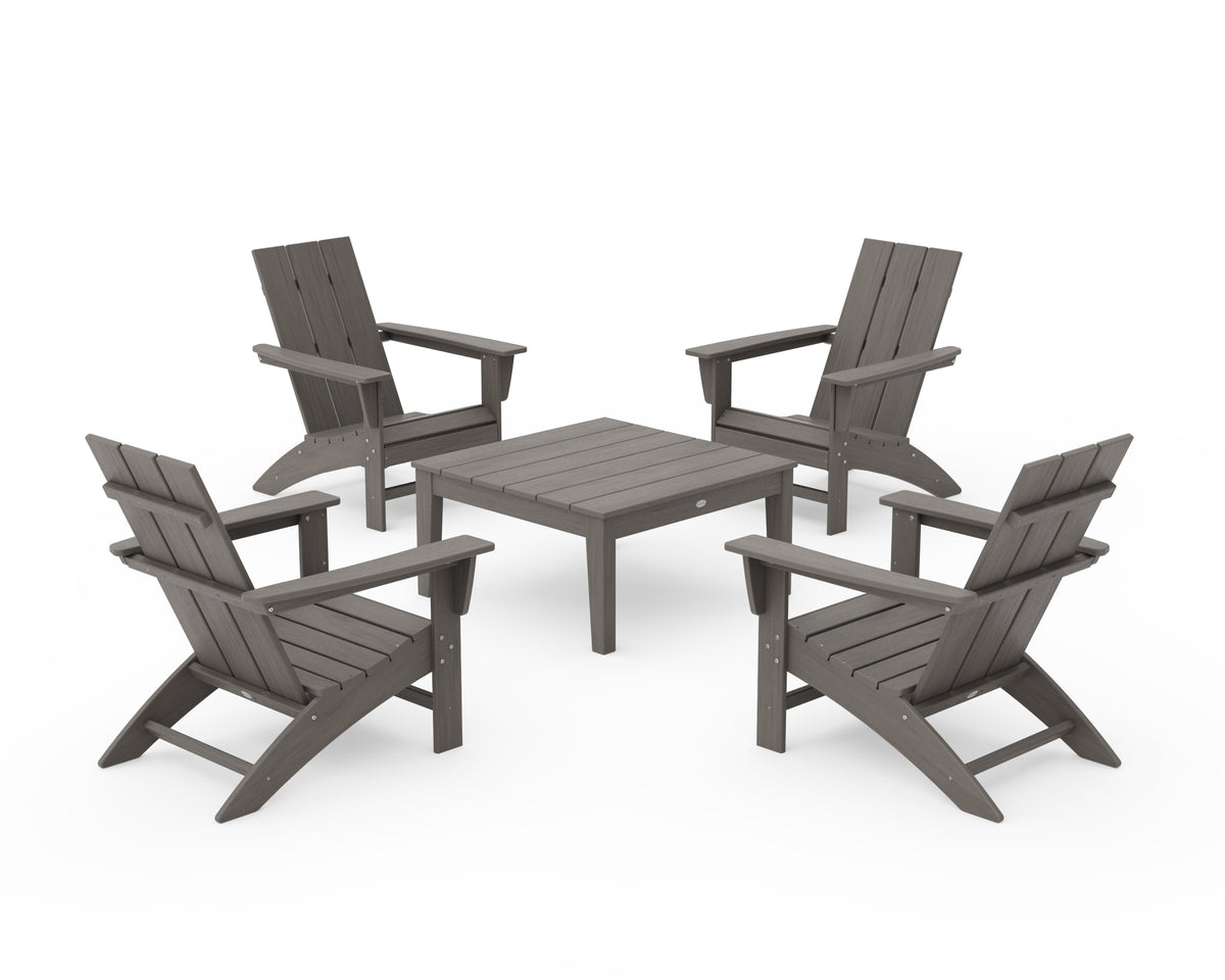 POLYWOOD 5-Piece Modern Adirondack Chair Conversation Set with 36" Conversation Table in Driftwood