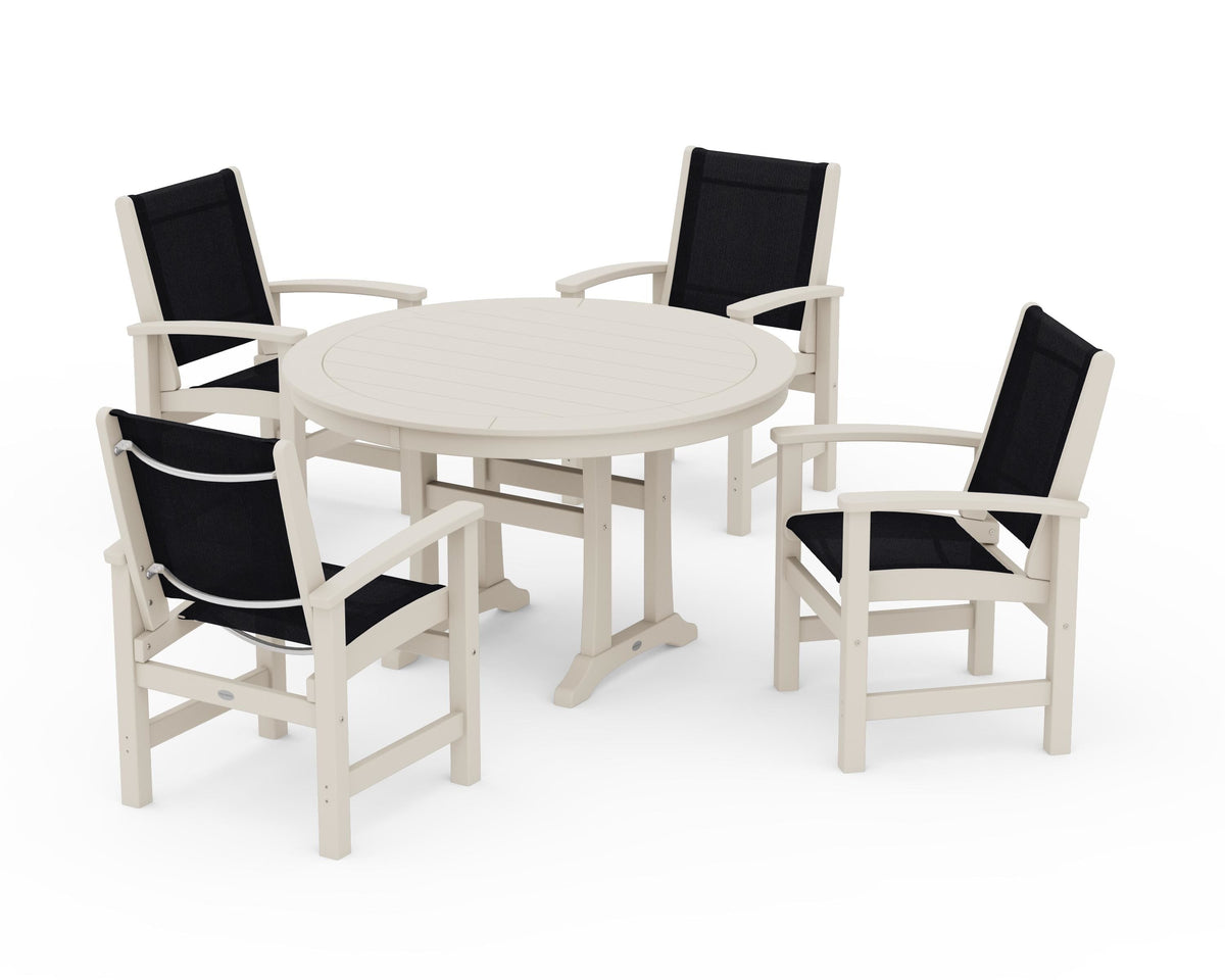POLYWOOD Coastal 5-Piece Round Dining Set with Trestle Legs in Sand / Black