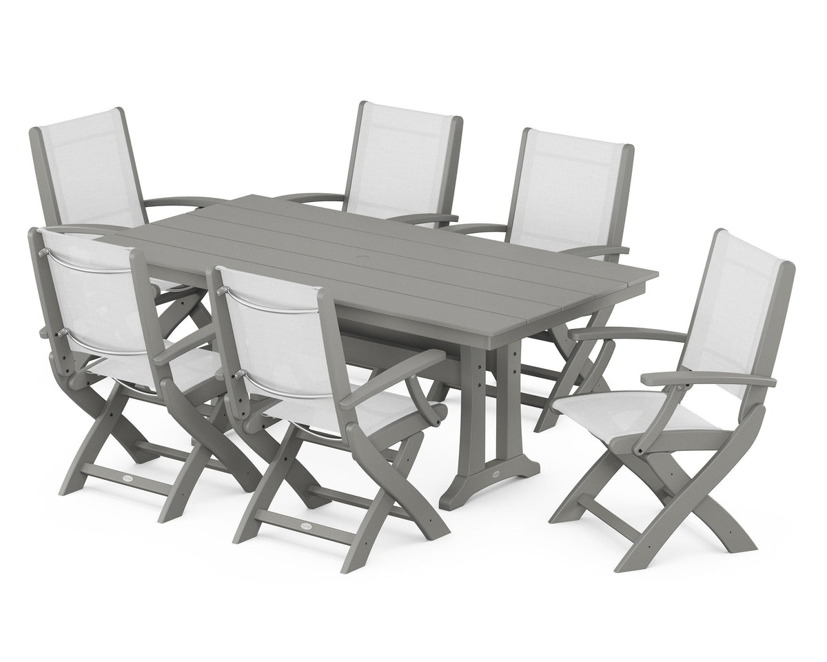POLYWOOD Coastal Folding Arm Chair 7-Piece Farmhouse Dining Set with Trestle Legs in Slate Grey / White