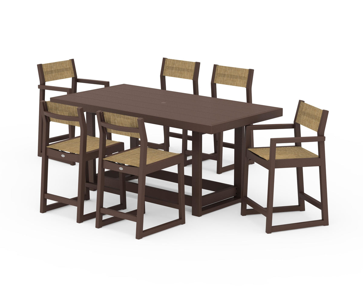 POLYWOOD EDGE Sling 7-Piece Counter Table Set in Mahogany / Burlap