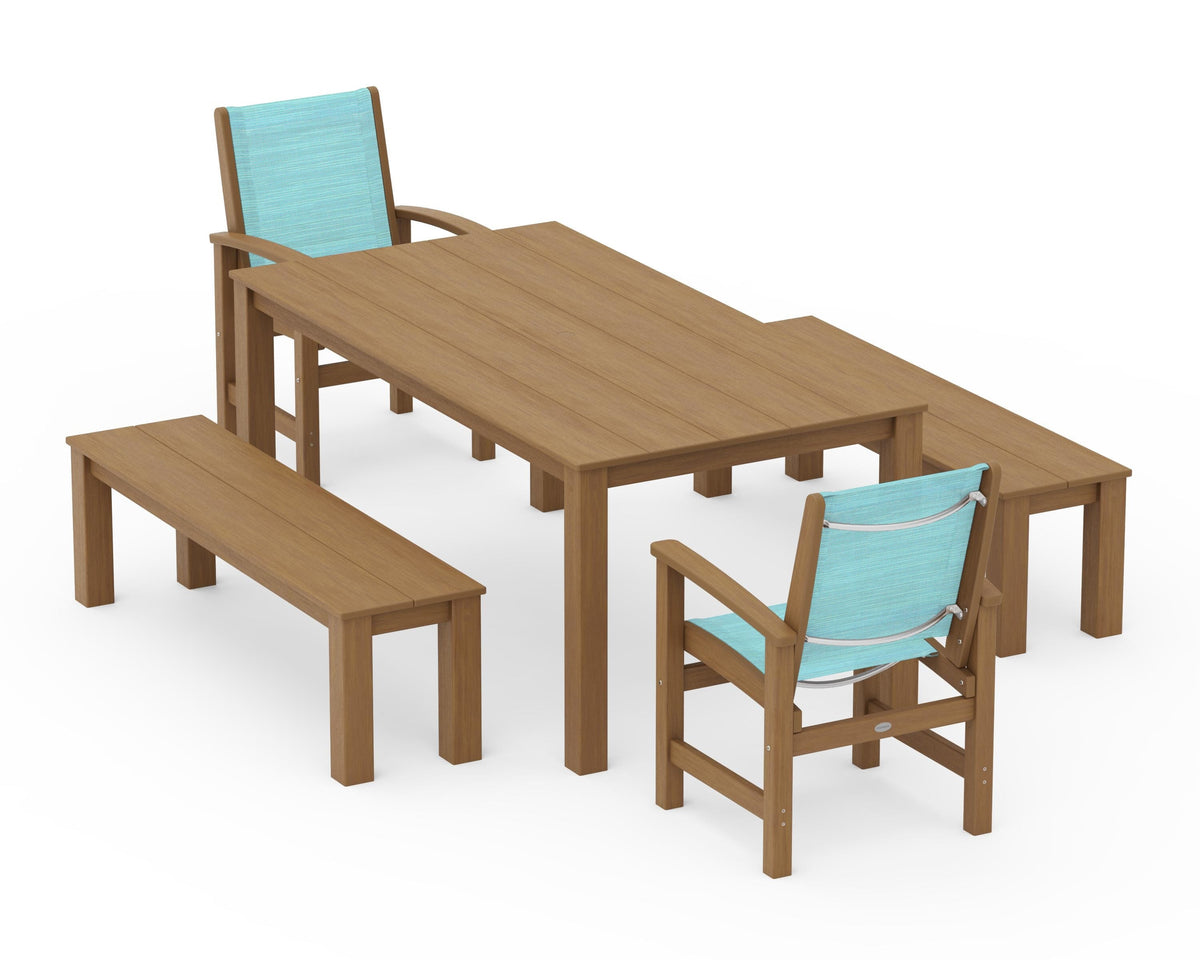POLYWOOD Coastal 5-Piece Parsons Dining Set with Benches in Natural / Dupioni Aquamarine
