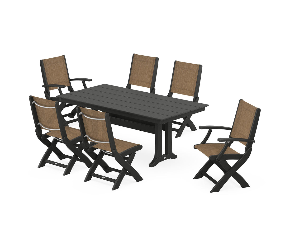 POLYWOOD Coastal Folding Chair 7-Piece Farmhouse Dining Set with Trestle Legs in Black / Burlap