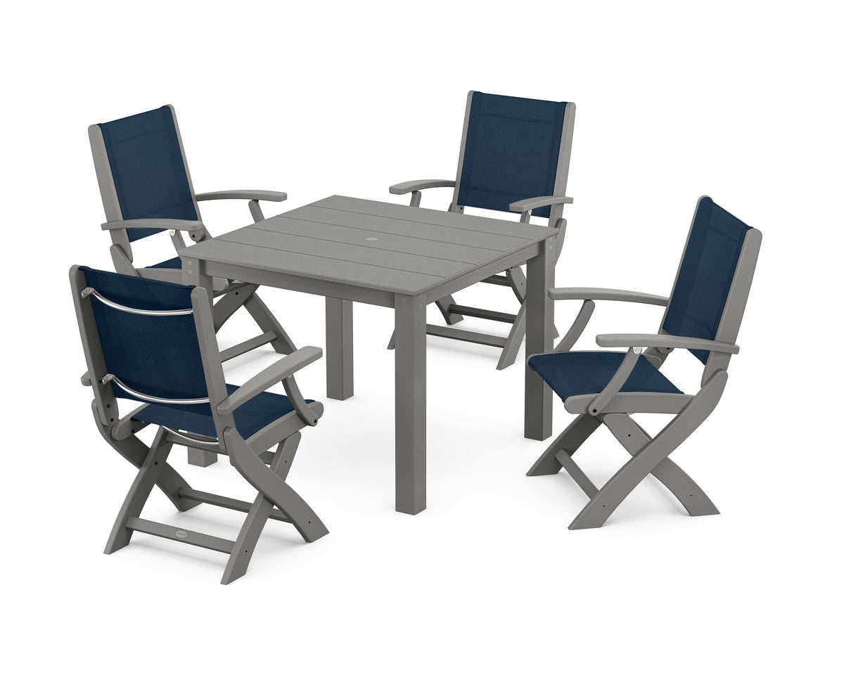 POLYWOOD Coastal Folding Chair 5-Piece Parsons Dining Set in Slate Grey / Navy Blue