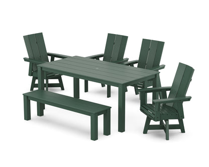 POLYWOOD Modern Curveback Adirondack 6-Piece Parsons Swivel Dining Set with Bench in Green