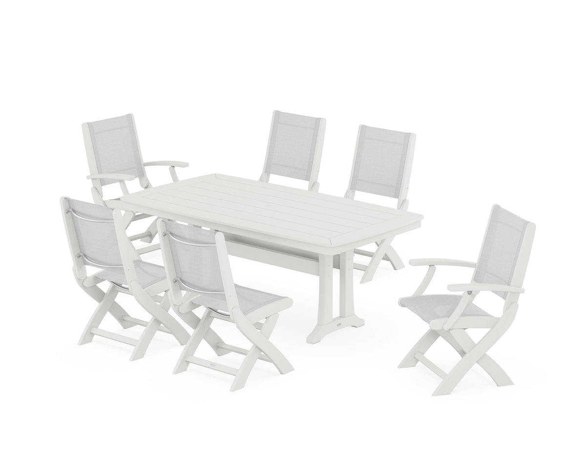 POLYWOOD Coastal Folding Chair 7-Piece Dining Set with Trestle Legs with Nautical Trestle 38" x 73" Dining Table in Vintage White / White
