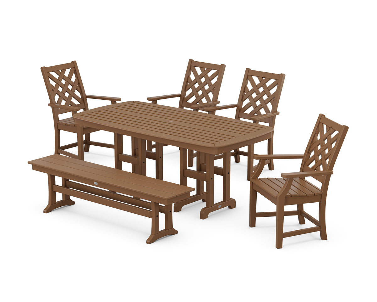 POLYWOOD Country Living Wovendale 6-Piece Farmhouse Dining Set with Bench with Nautical 37" x 72" Dining Table in Teak