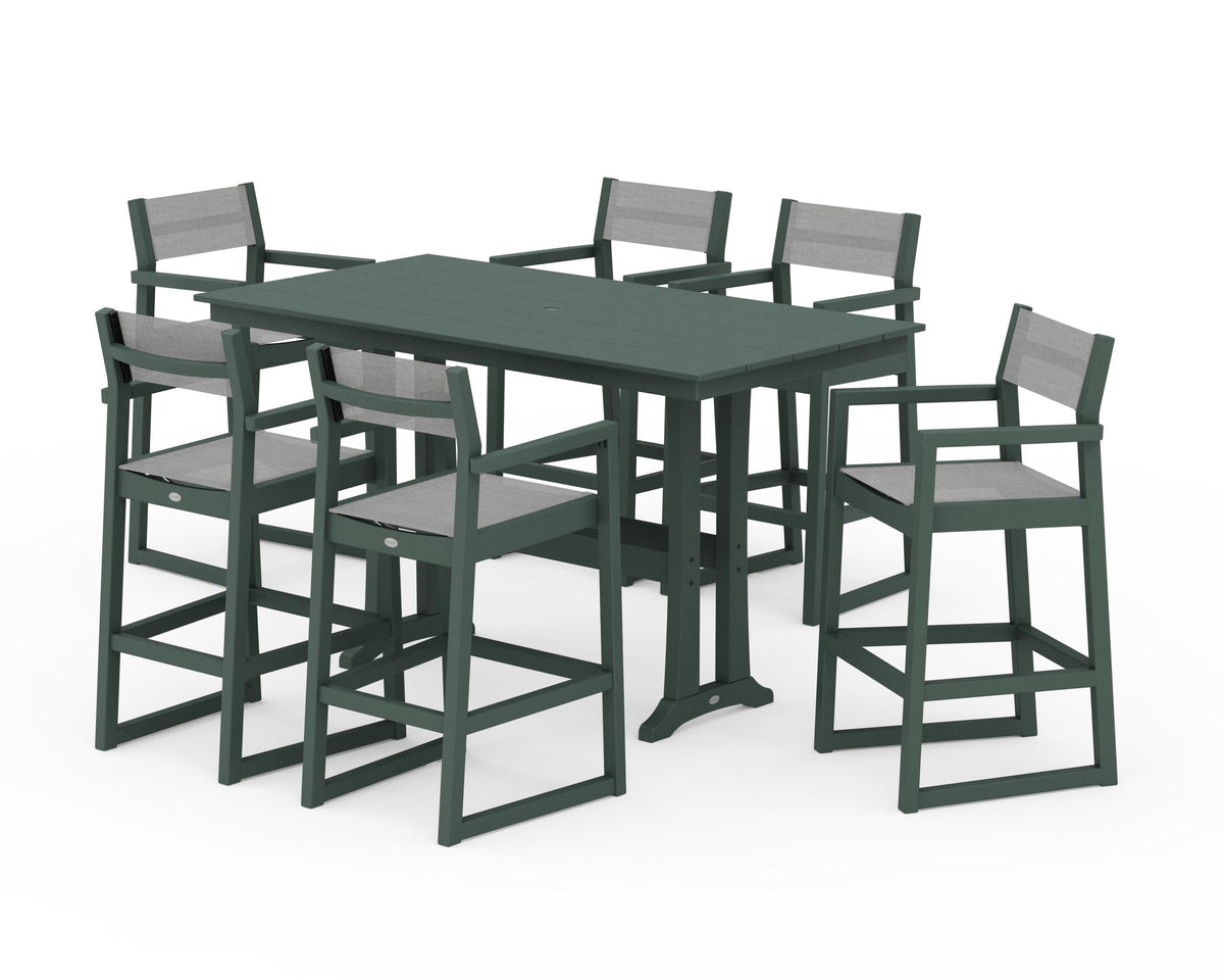 POLYWOOD EDGE Sling Arm Chair 7-Piece Farmhouse Bar Set with Trestle Legs in Green / Metallic