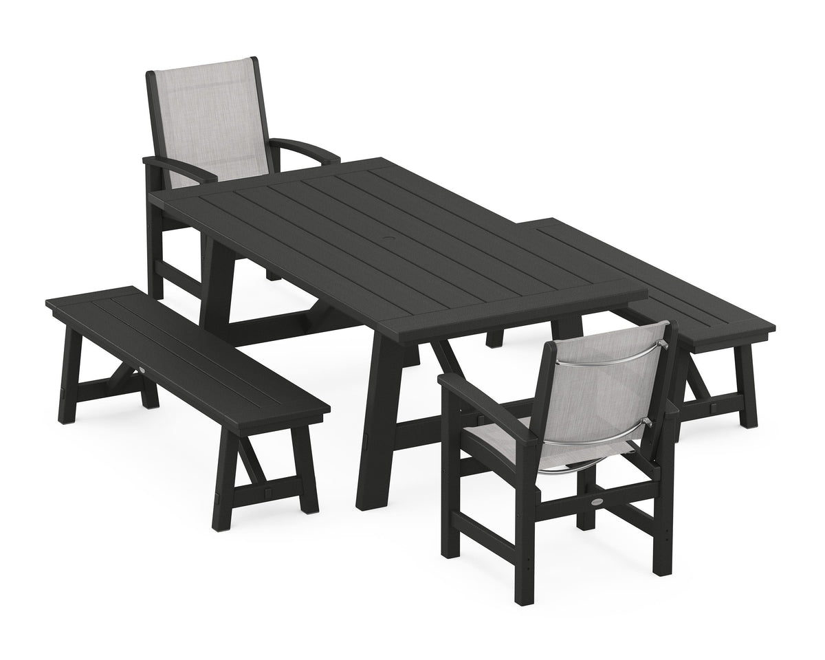 POLYWOOD Coastal 5-Piece Rustic Farmhouse Dining Set With Benches in Black / Parchment