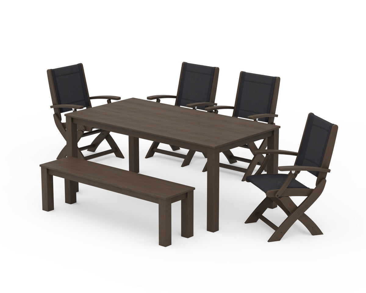 POLYWOOD Coastal Folding Chair 6-Piece Parsons Dining Set with Bench in Kona / Black