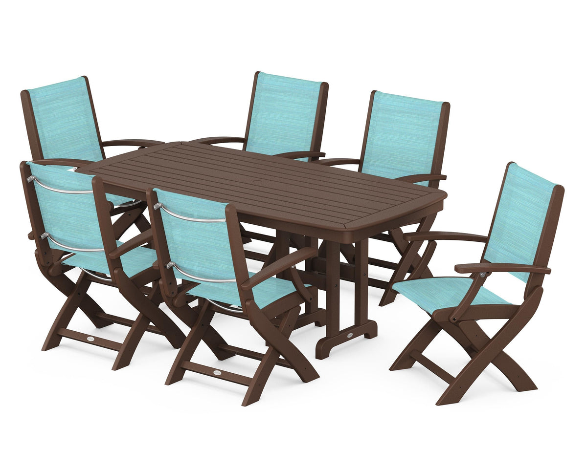 POLYWOOD Coastal Folding Arm Chair 7-Piece Dining Set in Mahogany / Dupioni Aquamarine