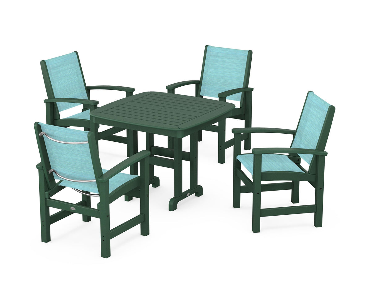 POLYWOOD Coastal 5-Piece Dining Set with Nautical 37" Dining Table in Green / Dupioni Aquamarine