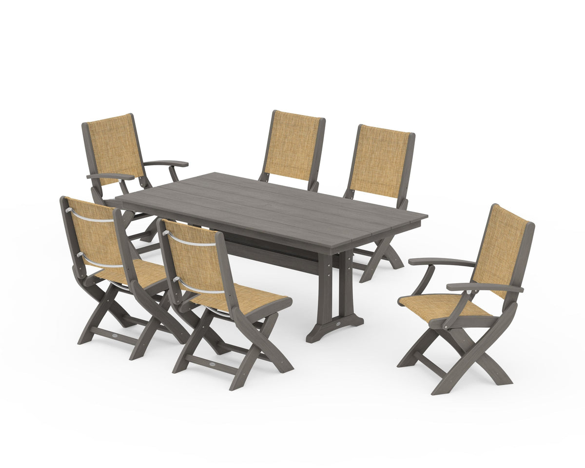 POLYWOOD Coastal Folding Chair 7-Piece Farmhouse Dining Set with Trestle Legs in Driftwood / Burlap