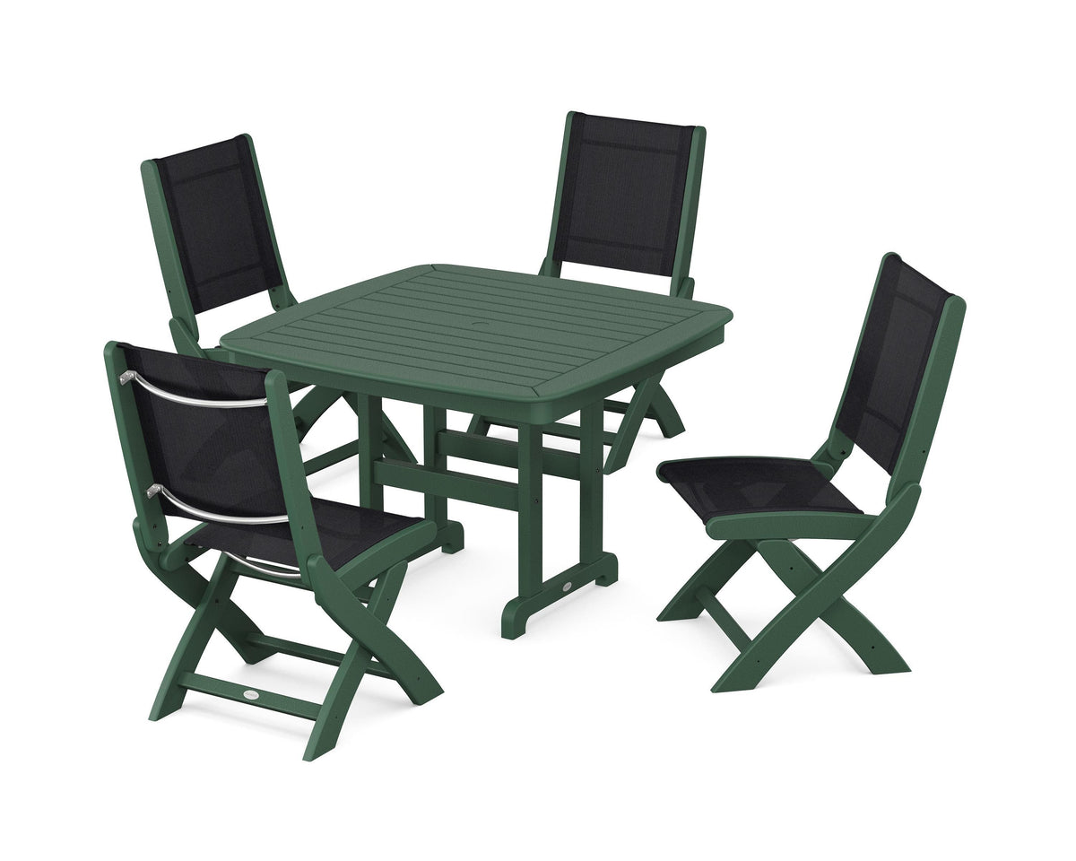 POLYWOOD Coastal Folding Side Chair 5-Piece Dining Set with Nautical 44" Dining Table in Green / Black