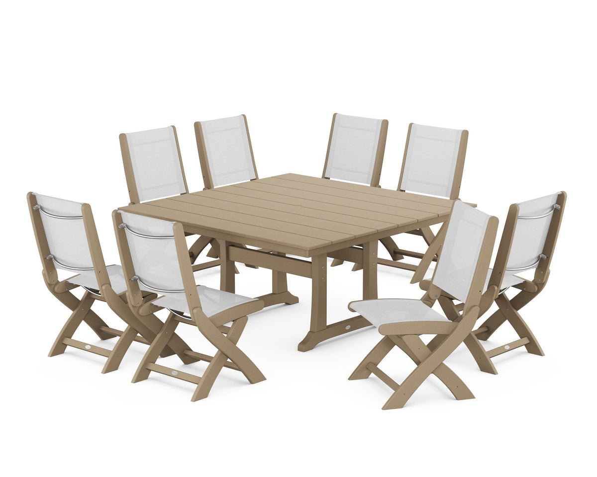POLYWOOD Coastal Folding Side Chair 9-Piece Farmhouse Dining Set in Vintage Sahara / White