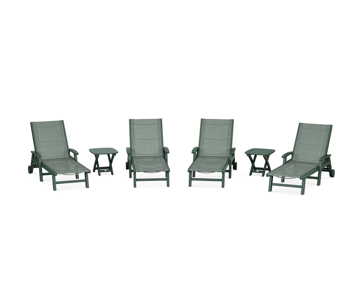 POLYWOOD Coastal Chaise 6-Piece Set with Wheels in Green / Dupioni Sea Mist