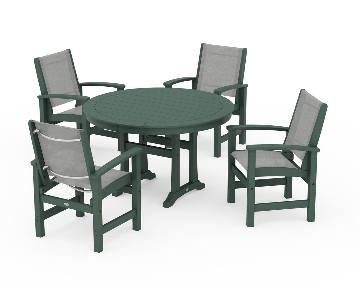 POLYWOOD Coastal 5-Piece Round Dining Set with Trestle Legs in Green / Metallic