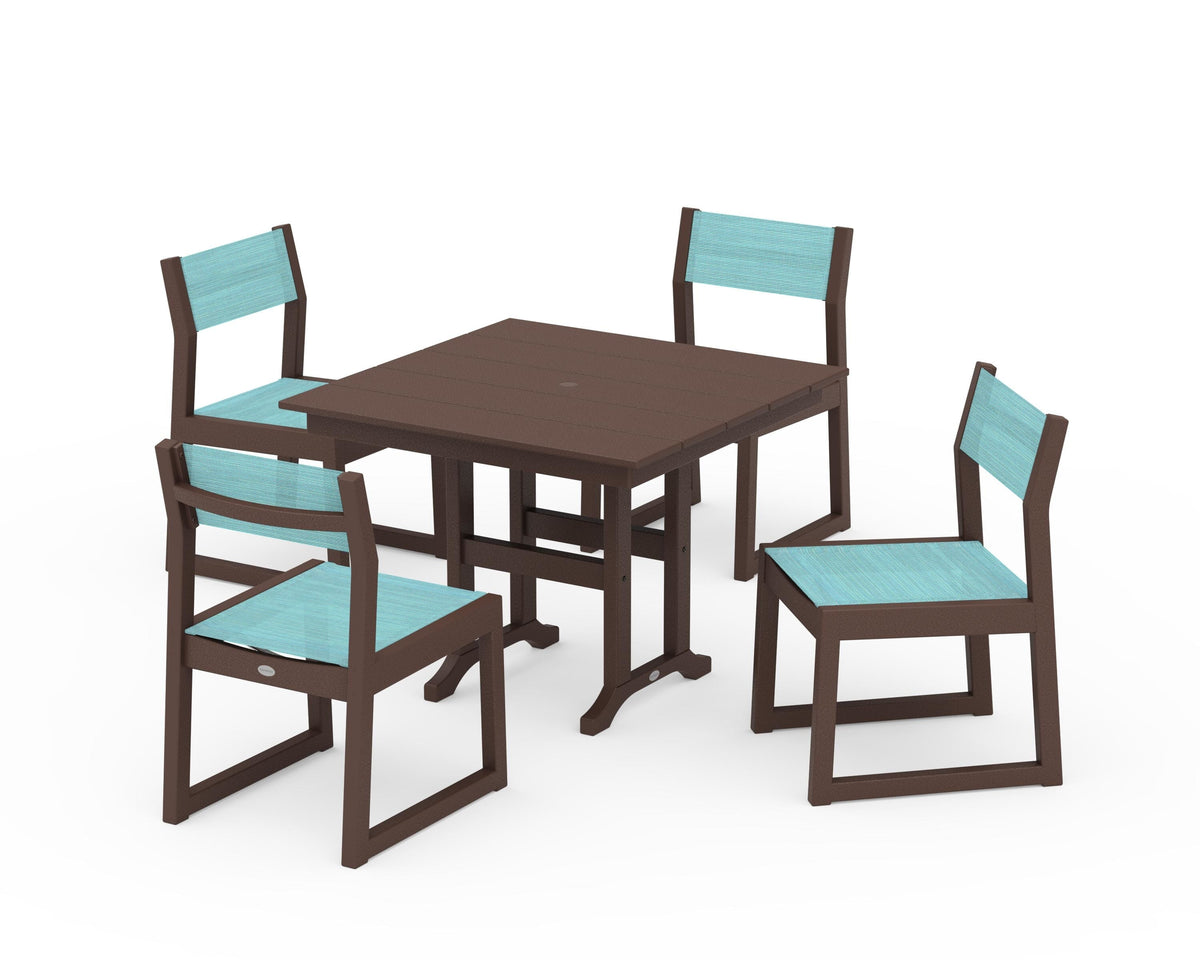 POLYWOOD EDGE Sling Side Chair 5-Piece Farmhouse Dining Set in Mahogany / Dupioni Aquamarine