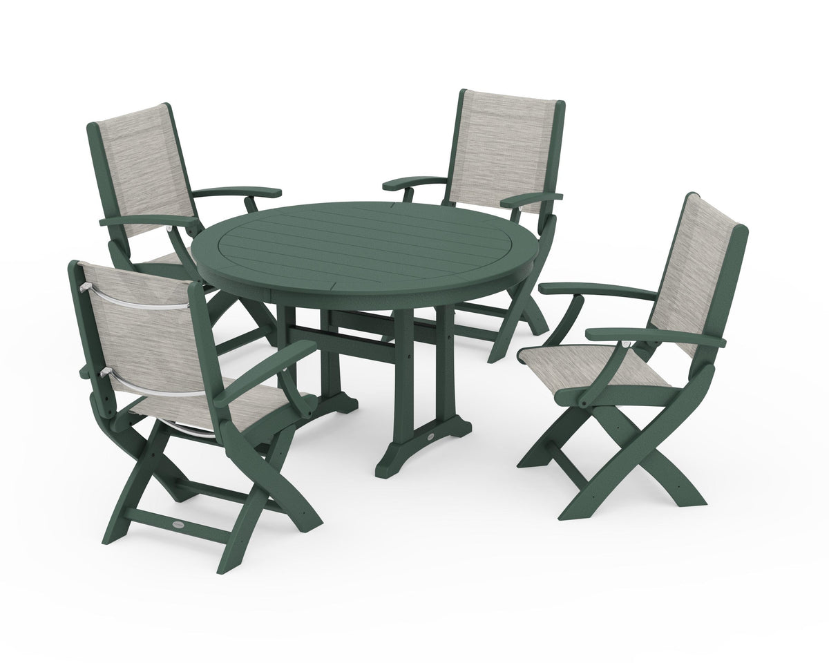 POLYWOOD Coastal Folding Chair 5-Piece Round Dining Set with Trestle Legs in Green / Birch