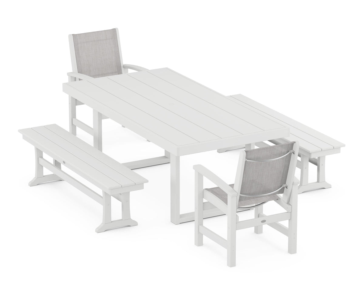 POLYWOOD Coastal 5-Piece Dining Set with Trestle Legs with EDGE 40" x 78" Dining Table in White / Parchment