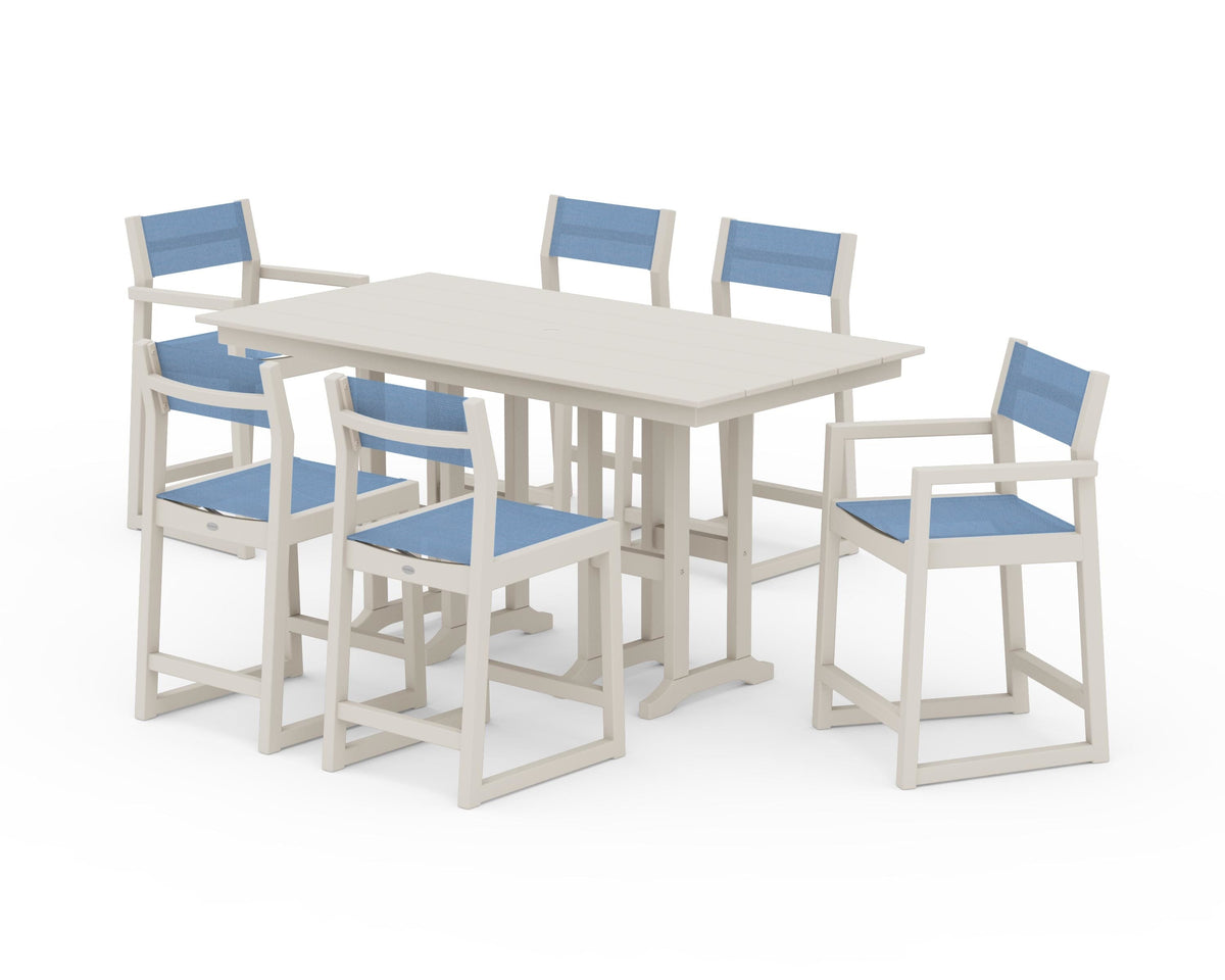 POLYWOOD EDGE Sling 7-Piece Farmhouse Counter Set with Trestle Legs in Sand / Poolside