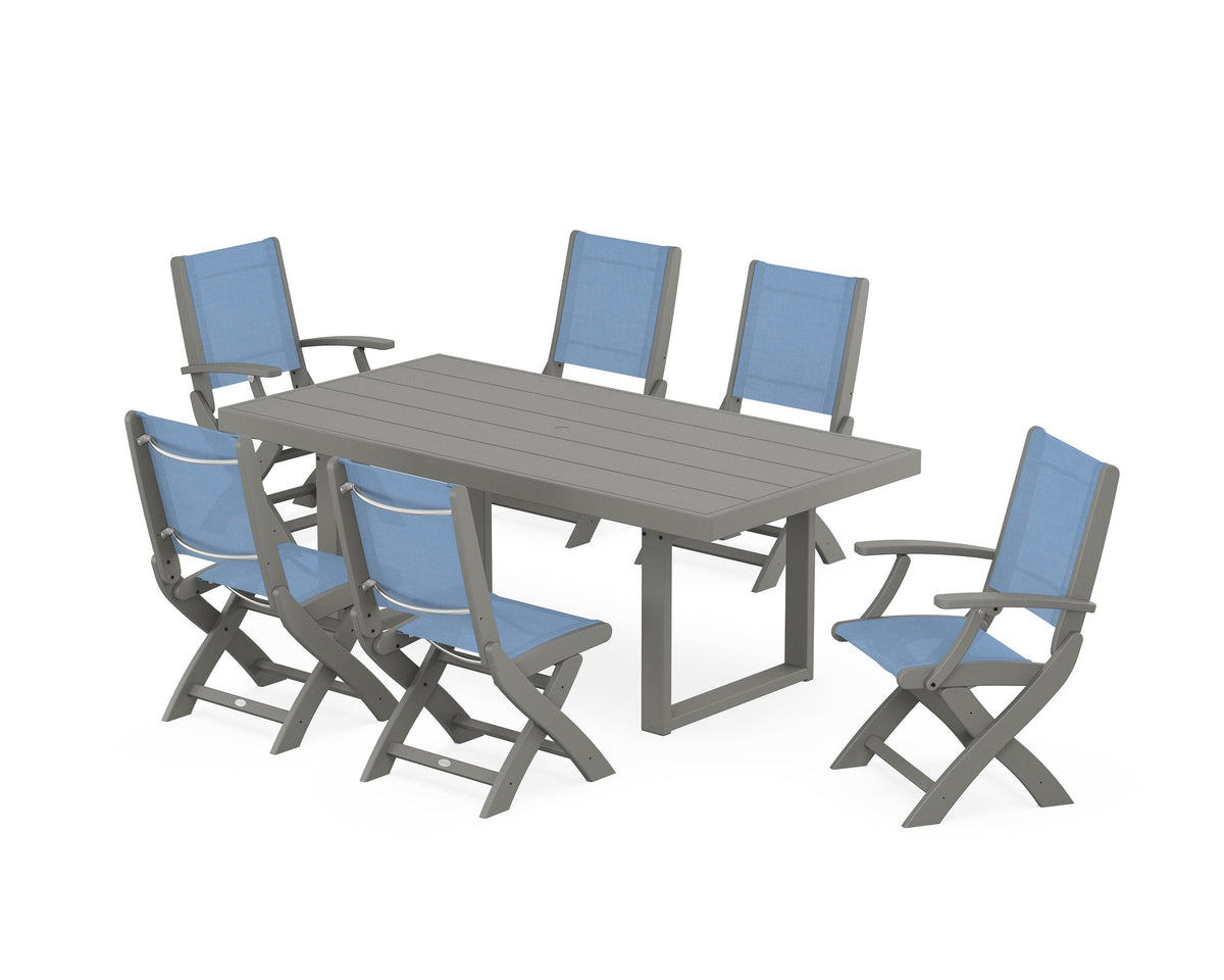 POLYWOOD Coastal Folding Chair 7-Piece Dining Set with Trestle Legs with EDGE 40" x 78" Dining Table in Slate Grey / Poolside