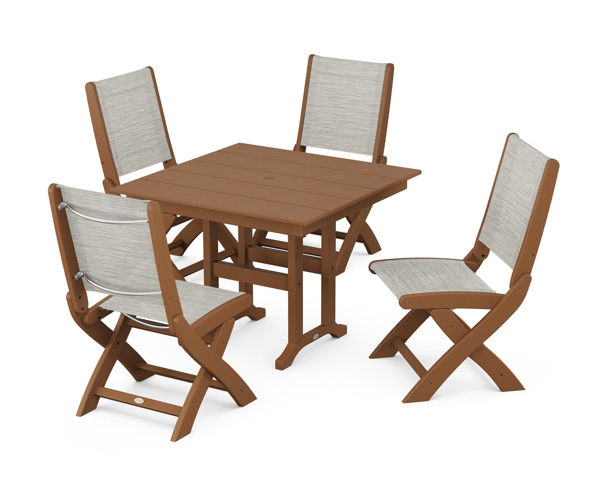 POLYWOOD Coastal Folding Side Chair 5-Piece Farmhouse Dining Set in Teak / Birch