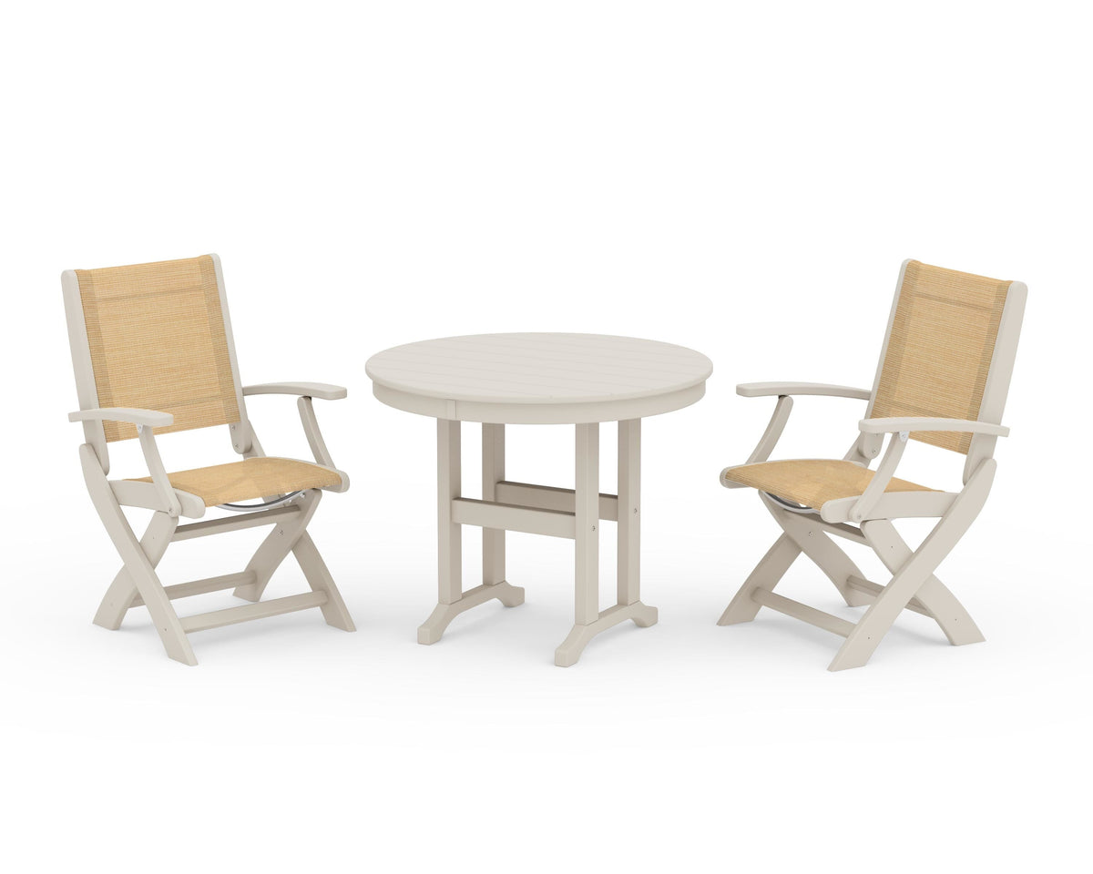 POLYWOOD Coastal Folding Chair 3-Piece Round Dining Set in Sand / Dupioni Apricot