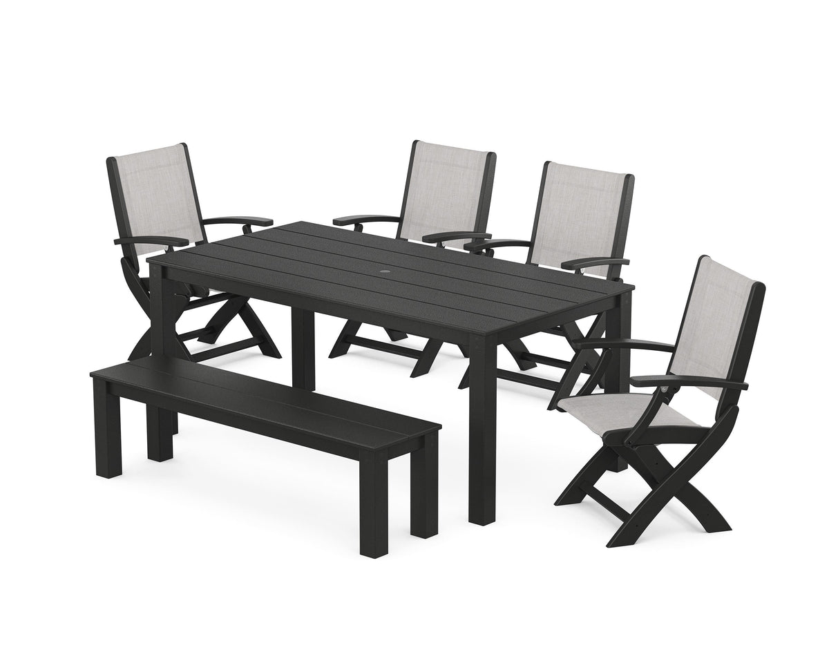 POLYWOOD Coastal Folding Chair 6-Piece Parsons Dining Set with Bench in Black / Parchment