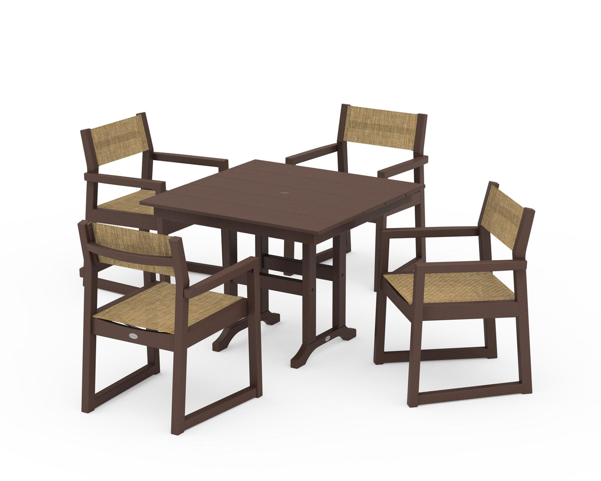 POLYWOOD EDGE Sling Arm Chair 5-Piece Farmhouse Dining Set in Mahogany / Burlap