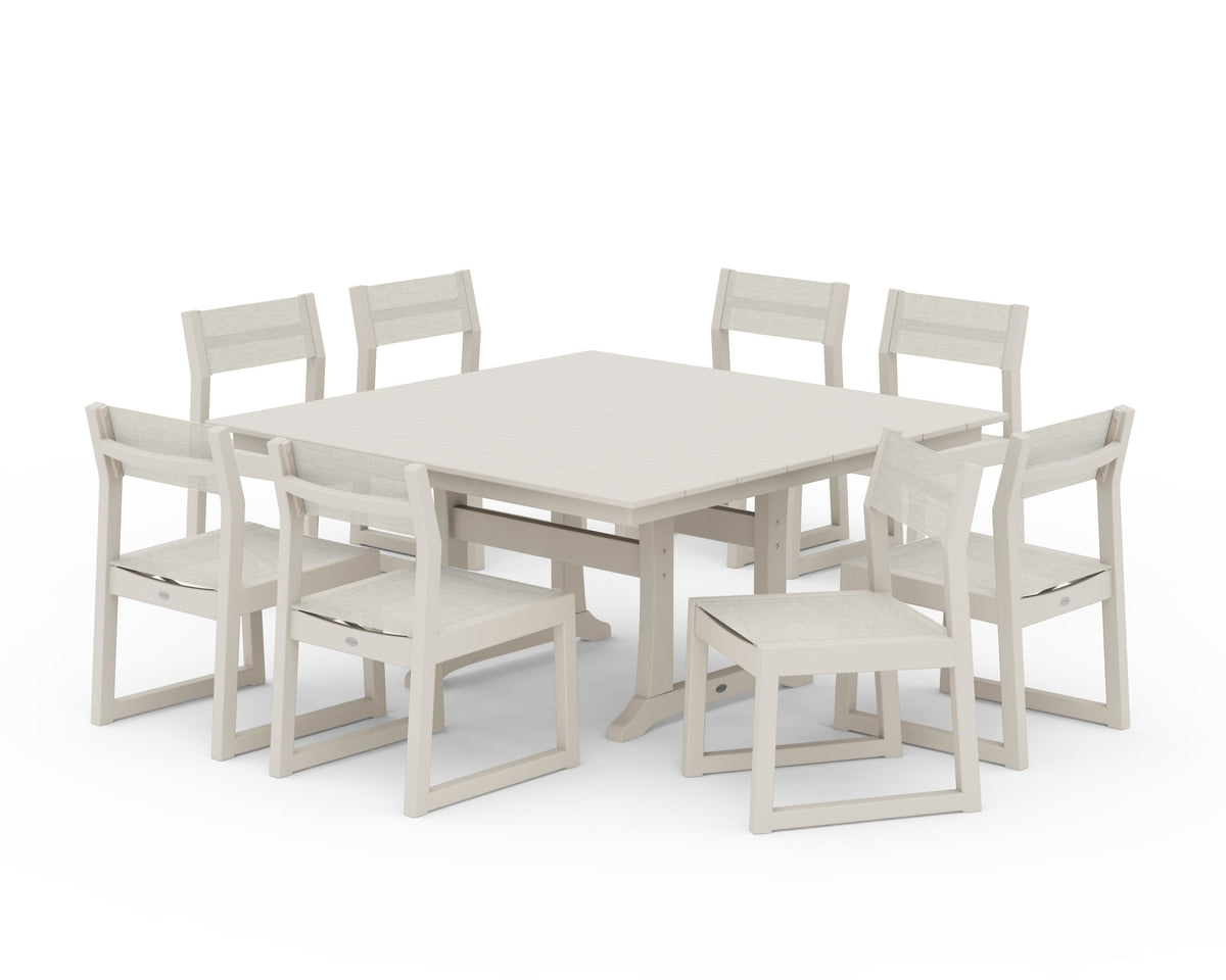 POLYWOOD EDGE Sling Side Chair 9-Piece Farmhouse Trestle Dining Set in Sand / Parchment